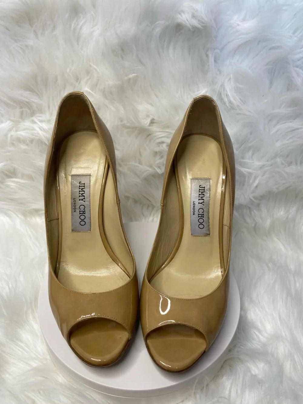 Jimmy Choo Nude Patent Leather Peep-Toe Pumps with Wooden Heels. Authentic - Picture 15 of 17